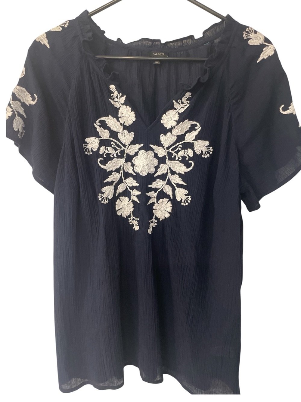 Talbots Navy Short-Sleeve Tunic with Ivory Floral Embroidery size medium